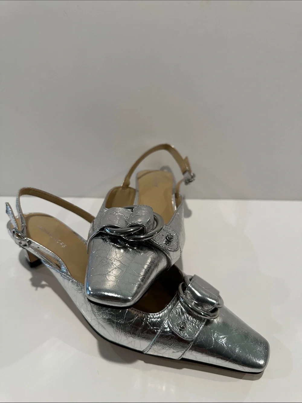 NWT Michael Kors Silver Metallic 2” Kitten Heel Slingbacks w/adj. buckle